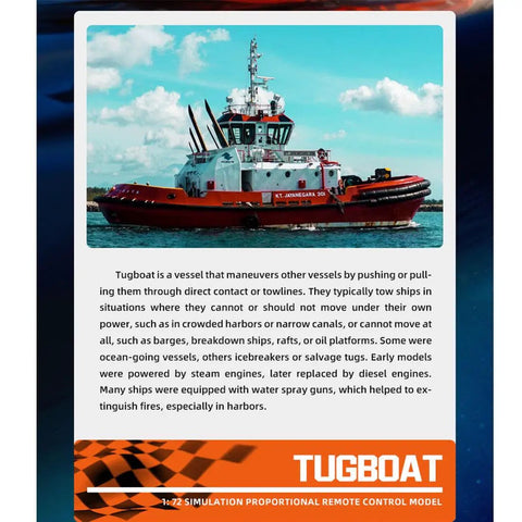 Image of a large red and white tugboat on water with a blue sky backdrop, labeled for One Seventy Two Scale Proportional RC Tugboat for Pools and Lakes.