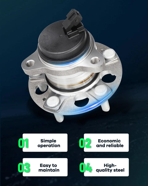 Rear Wheel Bearing Hub Assembly 512635 With ABS 5 Lugs Fits Hyundai Elantra 2017 2020 Hyundai Ioniq 2017 2022 Kia Niro 2017 2021 Drop In Replacement With OE Quality Durable Rear Position, showcasing top view with ABS sensor and mounting features, high-quality steel construction.