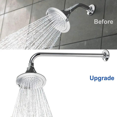 Comparison of standard shower and Extra Long Shower Arm Extension With Flange In Stainless Steel Wall Mount Extender Pipe For Showerheads 15 Inch Chrome Finish Leakproof And Rust Resistant NPT Half Inch Threads Fits Standard Shower Heads