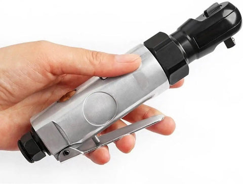 Close-up of Compact 90 Degree Air Ratchet Wrench Featuring 1 4 And 3 8 Square Drives, lightweight aluminum build, easy grip.