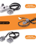 9 In 1 Motor Kit For Stud Building Blocks with direction change switch, LED light cable, and 9.84-inch extension cable