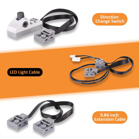 9 In 1 Motor Kit For Stud Building Blocks with direction change switch, LED light cable, and 9.84-inch extension cable
