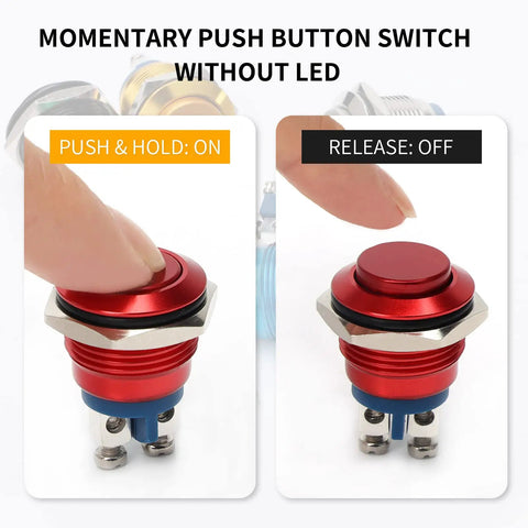 16mm 5/8 Inch Momentary Push Button Switch 1NO SPST Waterproof Aluminum Shell Red Self Reset Push To Start in use