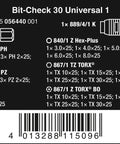 Label of Universal Bit Check Set With Rapidaptor Quick-Release Chuck, 30-Piece Torsion Bit Kit specifications and barcode.