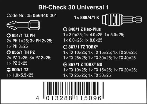 Label of Universal Bit Check Set With Rapidaptor Quick-Release Chuck, 30-Piece Torsion Bit Kit specifications and barcode.