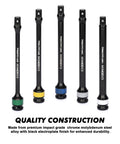 Five Piece One Half Inch Drive Torque Limiting Extension Bar Set With Color Coded Ends For Easy Use Pro Grade Built From Impact Grade Chrome Molybdenum Steel With Black Finish Spring Loaded End Ball Torque Settings 65 To 140 Ft Lbs 90 To 190 Nm displayed upright showing color-coded ends for easy identification and organization in toolkits.