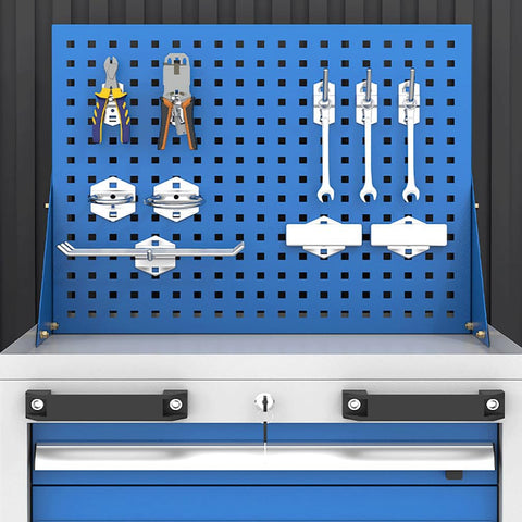 Heavy Duty Steel Tool Cabinet Shop Grade Rolling Cart Pro Built With Thirteen Wide Drawers Durable Waterproof Garage Workshop Organizer For Parts And Tools Storage with tool wall.