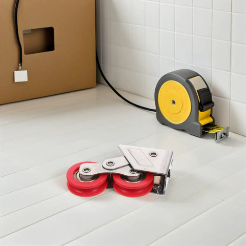 Heavy Duty Double Roller Pulley Kit For Closet Doors And Aluminum Windows Stainless Steel Replacement Wheels on white floor.