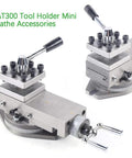 AT300 mini lathe tool post assembly with quick-change holder; metal construction, dual-view image