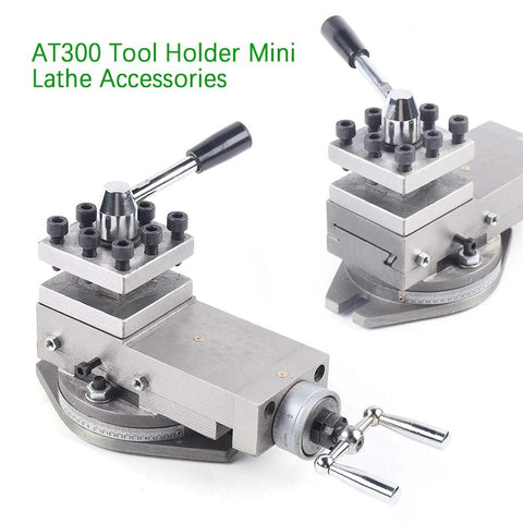AT300 mini lathe tool post assembly with quick-change holder; metal construction, dual-view image