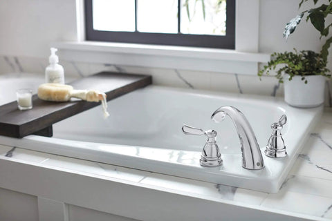 Elmhurst Roman Tub Trim Kit Chrome For 3 Hole 8 To 16 Inch Installations, ADA Compliant, Easy Install shown on a tub