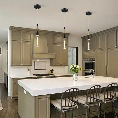 Kitchen with black cylinder crystal pendant light, dimmable 5W LED over island, modern sleek design for versatile settings.