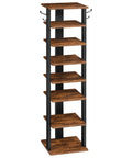 8-Tier Vertical Wooden Shoe Rack With Hooks Space Saving Narrow Shoe Tower That Holds 8 Pairs For Entryway Living Room And Bedroom