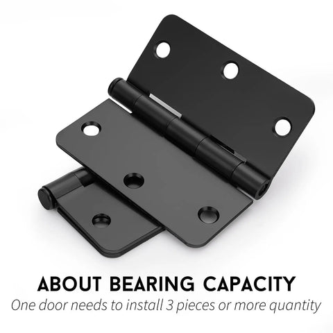 Close-up of 24 Pack Matte Black Door Hinges Three And A Half Inch Rounded Interior Hinges With Quarter Inch Radius Corners