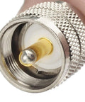 Close-up of UHF PL-259 connector on coax cable, part of 15ft 50 Ohm high power for outdoor HAM radios, CB radios, and accessories.