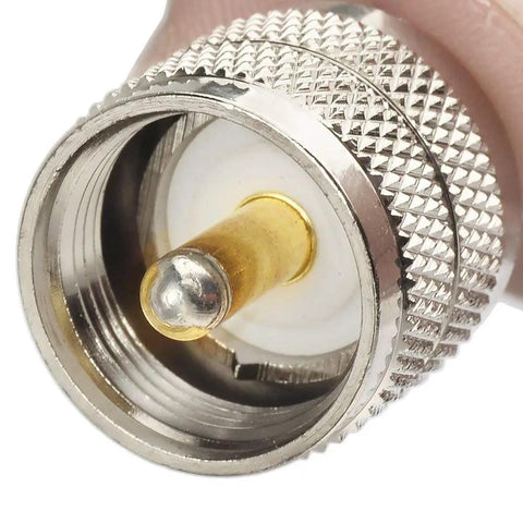 Close-up of UHF PL-259 connector on coax cable, part of 15ft 50 Ohm high power for outdoor HAM radios, CB radios, and accessories.