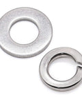 304 Stainless Steel Flat Washers and Lock Washers Set Built to Last, 100 Pcs Total, shown with flat and lock washer close-up