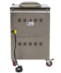 Pro Grade Chamber Vacuum Sealer With Dual 20 Inch Seal Bars Built Different In Heavy Duty Stainless Steel showing rear view with wheels and cord.