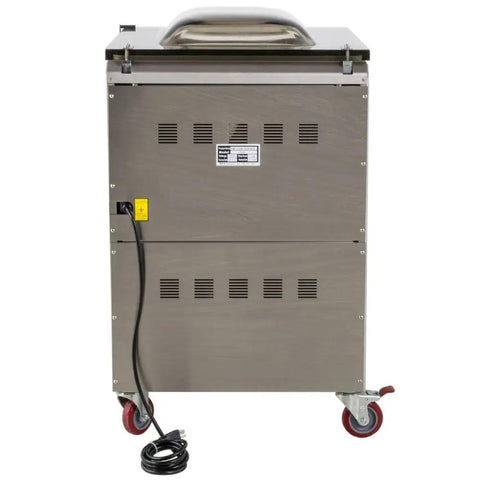 Pro Grade Chamber Vacuum Sealer With Dual 20 Inch Seal Bars Built Different In Heavy Duty Stainless Steel showing rear view with wheels and cord.