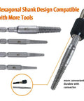 Six Piece Screw Extractor Kit With Easy Out Bolt Extractors And Left Hand Drill Bits In HSS Cobalt For Stripped Screws Bolts And Studs With One Quarter Inch Adapter, shown with hexagonal shank and connectors.