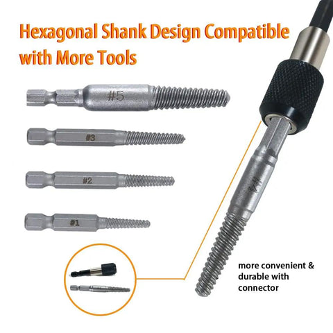 Six Piece Screw Extractor Kit With Easy Out Bolt Extractors And Left Hand Drill Bits In HSS Cobalt For Stripped Screws Bolts And Studs With One Quarter Inch Adapter, shown with hexagonal shank and connectors.