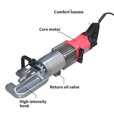 Heavy Duty Hydraulic Rebar Cutter And Bender Machine HRB-16A showing core motor and comfort handle for easy operation.