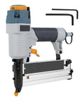 Oil Free Pneumatic Staple Gun And Air Nailer With Slick Depth Adjustment Non Slip Handle And Pro Driver Set Built Tight For Job Site Hustle And Daily Trade Work 16 18 Gauge Brad close-up on tool detailing gas cylinder and trigger.