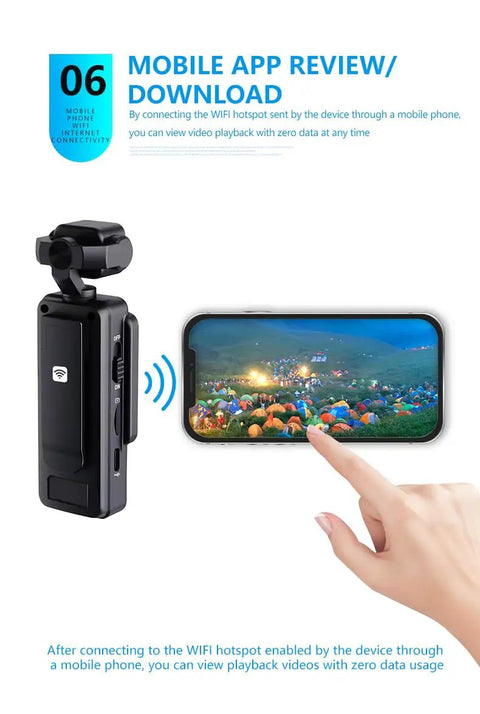 2.5K Dope Portable Vlogging Camera With WiFi Night Vision And Stabilization displayed next to mobile screen showing vivid scene.