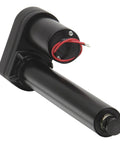 Beefy 1000 Lb ID Ballscrew Linear Actuator With 11.34 Inch Stroke 12V Motor 20 To 1 Gearbox Holds Up To 3000 Lb When Idle Tough Indoor Outdoor Use Ideal For Heavy Machinery Model LACT12 1000B black actuator with red wires and mounting housing