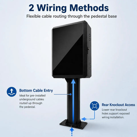 Built Like A Tank Outdoor EV Charger Enclosure With Sturdy Pedestal Stand and Combination Lock showing flexible wiring methods.