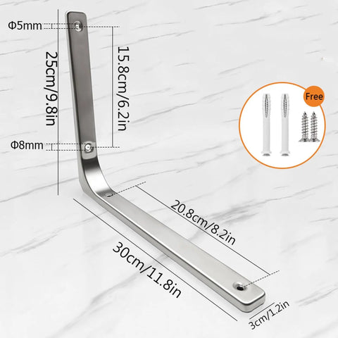 Stainless Steel L Brackets For Wall Shelves Heavy Duty Floating Shelf Supports, 25cm long, rust resistant, ideal for mounting.