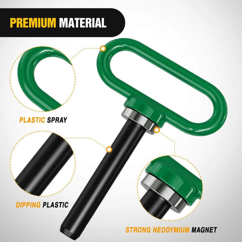 Five Eighths Inch Beefed Up Heavy Duty Neodymium Magnetic Trailer Hitch Pin In Green with plastic spray and strong magnet.