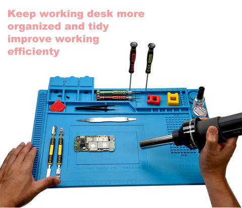 Pro Grade Heat Resistant Soldering Mat 932F Silicone Anti Static Magnetic Electronic Repair Work Surface in use with tools.