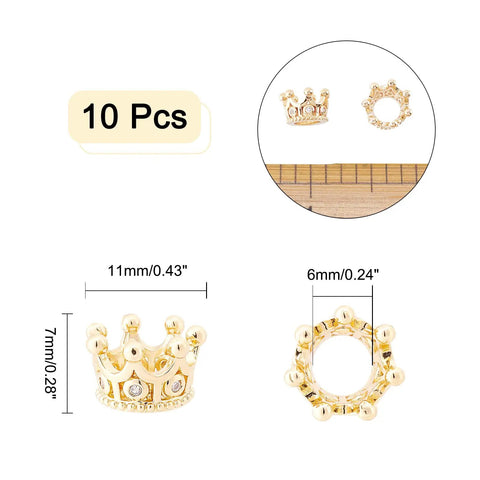 Golden Crown Beads Set 11x7mm Large Hole Crystal Cubic Zirconia Pave King Crown Charms For Bracelets And Necklaces 10 Pcs