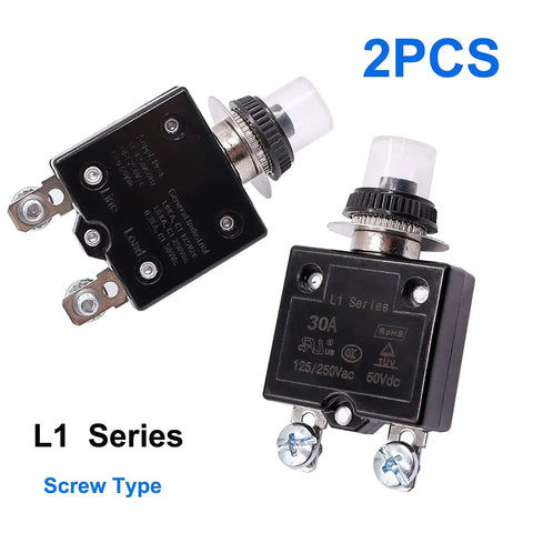 Pro Level Twin Pack Thermal Circuit Breakers With Quick Manual Reset Push Button And Heavy Duty Waterproof Caps Built For Gritty Job Sites And Rv Camps Rock Solid At 30 Amps Handling Smooth 125 To 250 Volt AC Flow - 30A circuit breakers with screw type fittings and waterproof push buttons.
