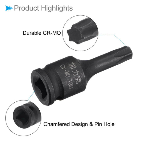 Impact Torx Bit Socket T30 One Quarter Inch Square Drive 35mm Length With CR-MO Chamfer Design Pin Hole Six Point Star Socket