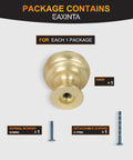 Package contents for a cabinet knob set with one golden knob and screws, labeled with sizes