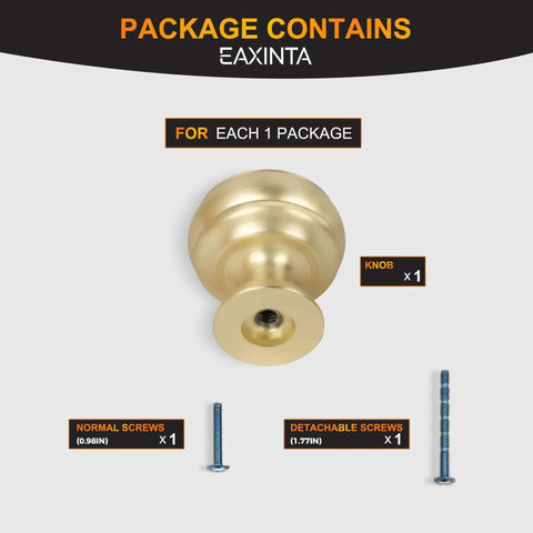 Package contents for a cabinet knob set with one golden knob and screws, labeled with sizes