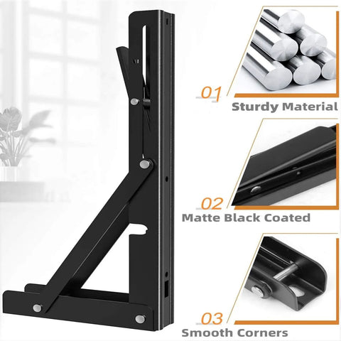Beefy 12 Inch Foldable Shelf Brackets For DIY Tables And Shelves, Heavy Duty L Shaped Supports, Black Coated Steel, Details
