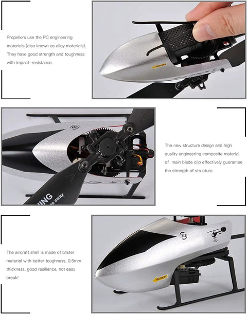 Close-up of C129 V2 4 Channel RC Helicopter showcasing propeller and high-strength composite material, easy to fly with 6-axis gyro.