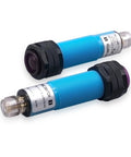 M18 5m Cylindrical Through Beam Photoelectric Proximity Switch Plug In Sensor For Industrial Machinery RetroReflection 2m Range NPN NO Wide Voltage Durable Proximity Sensor For Tight Spots And Easy Mounting, showing blue cylindrical design with plug ends.