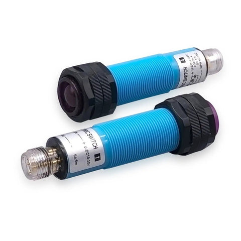 M18 5m Cylindrical Through Beam Photoelectric Proximity Switch Plug In Sensor For Industrial Machinery RetroReflection 2m Range NPN NO Wide Voltage Durable Proximity Sensor For Tight Spots And Easy Mounting, showing blue cylindrical design with plug ends.