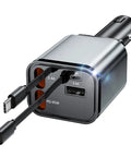 Retractable Car Charger Featuring Hella Convenient 36W Retracted Cable Plus Extra USB C And USB A Ports For Up To 75W Fast Charging Keeps Your Devices Running Smooth, showing USB ports and retractable cable.