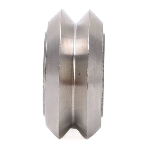 Top Shelf 13 Piece V Groove Guide Pulley Kit Featuring Heavy Duty Stainless Steel Bearings slick rolling action, side view of stainless steel pulley.