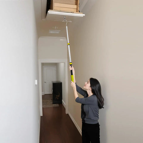 Woman using Extendable Attic Pull Down System Kit With 40 Inch Telescoping Rod Heavy Duty Stainless Steel Pull Ring And Storage Hook