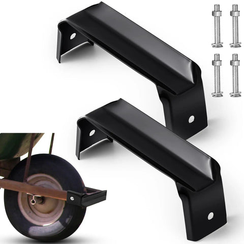 2 Pack Black Steel Wheelbarrow Axle Bracket Replacement Kit With Bolts And Nuts Included, shown with wheelbarrow use example