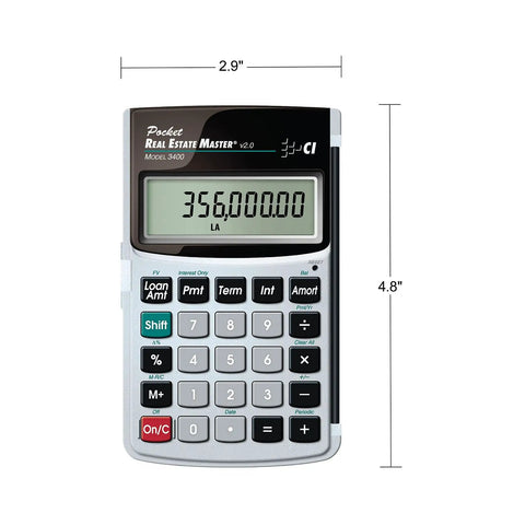 Pocket Real Estate Master Financial Calculator with loan amortization displayed, measuring 2.9 by 4.8 inches