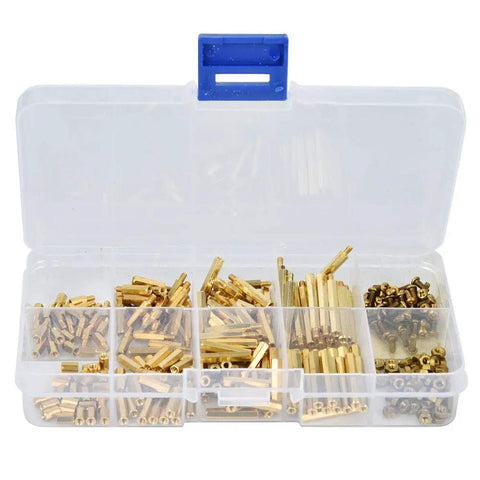 Brass Hex Spacers Standoffs Screws Nuts 320 Piece All In One Assortment Kit For M2 Threads Durable Hardware Gear For Electronics Robotics And DIY Projects High Strength Precise Threads Sturdy Storage Box opened organizer with brass M2 parts