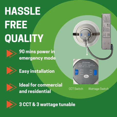 8 Inch Recessed Led Downlight With Emergency Battery Backup Offering Slick Tunable White Settings And Selectable Wattage For Straight Commercial And Kitchen Ceiling Jobs That Deliver Top Tier Glow with emergency mode and installation details.
