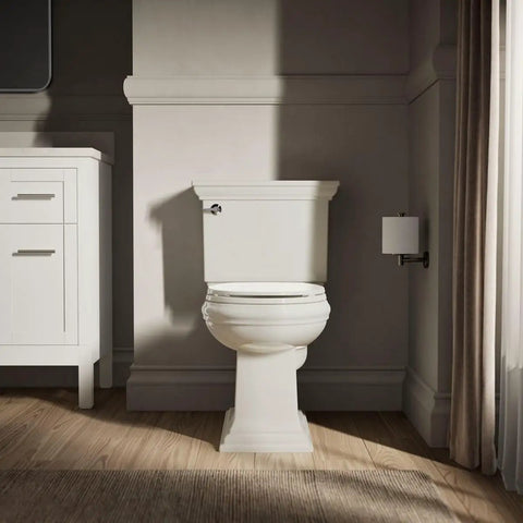 Quiet Close Round Toilet Seat With Grip Tight Bumpers And Quick Attach Hardware In Biscuit installed in bathroom